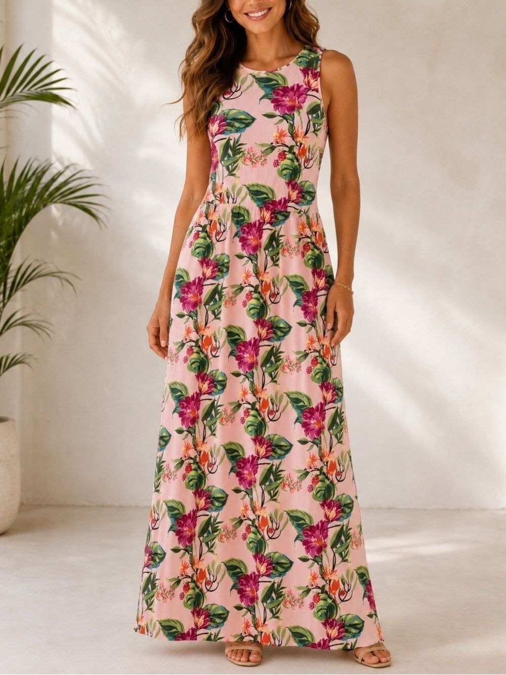 J Jill Pink Floral Sleeveless Maxi Dress Medium